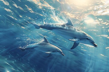 Naklejka premium Graceful Dolphins Swimming in Crystal Clear Waters