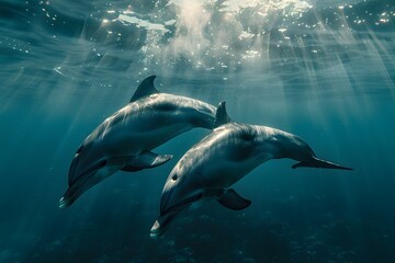 Fototapeta premium Graceful Dolphins Swimming in Crystal Clear Waters