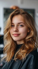 Fototapeta premium Close-up shot of young girl with blonde hair, blue eyes, looking at camera with slight smile. Wavy hair, black coat against white background. Radiates confidence and gentleness.