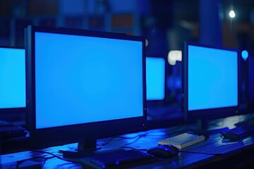 Fototapeta premium Close-up of blue screen on monitors in internet cafe, customers frustrated and confused, global network failure, hyper-realistic, high detail, photorealistic, Key Light, Fill Light