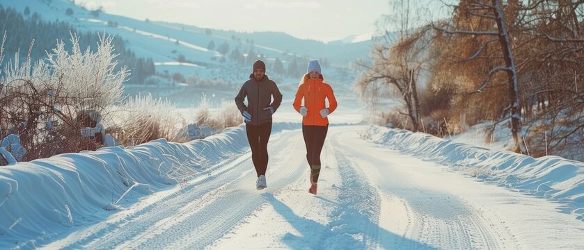 Two joggers on a snowy village road: one tall in dark clothes, the other short in orange. Both in caps and gloves, embracing winter exercise amid snow-clad trees.