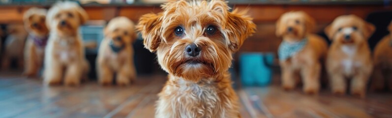 Many dogs standing in a room with wooden floors, Animal background