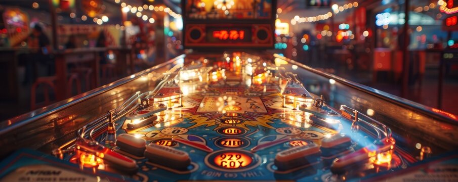A vintage pinball machine with flashing lights and clanging bells, its addictive gameplay drawing in players of all ages.