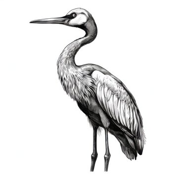 recommend clip art: Black and white Vintage engraved art of a portrait of a crane isolated on white background, ink sketch illustration, simple vector art design, highly detailed line art, high contrasty.