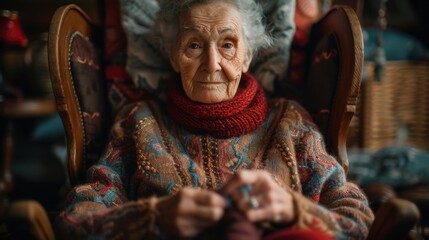 Obraz premium Elderly woman sitting in chair with red scarf and knitting needles
