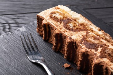 Chocolate-milk sweet fudge brownie cake on plate