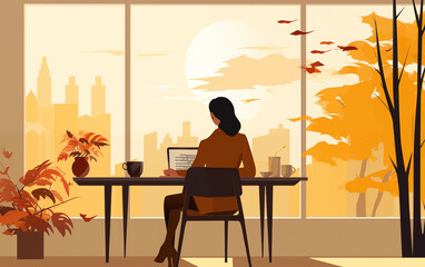 Female employee working in the office in autumn,created with Generative AI tecnology.