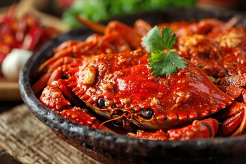 Delicious spicy crab dish garnished with cilantro served in a rustic bowl, perfect for seafood culinary themes and food presentation.