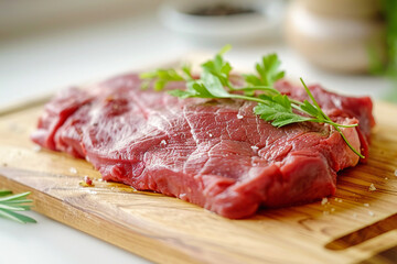 Fototapeta premium Raw red meat on a wooden board. Fresh meat from grass-fed and free-range animals