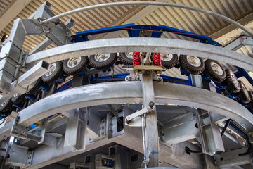 Obraz premium The mechanism of the cable car drive with rollers and metal guides. Technology, science, mechanics, mechanisms.