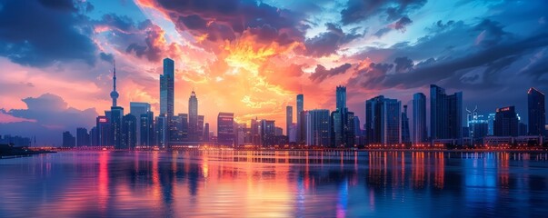 Obraz premium Dynamic city skyline ablaze with the colors of sunset, 4K hyperrealistic photo