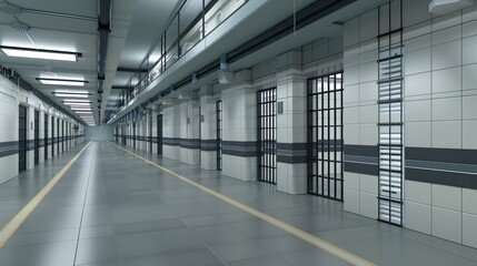 Obraz premium A long, white corridor in a prison with barred cell doors and a yellow line running down the center