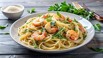 Al dente spaghetti pasta with shrimp and arugula in creamy garlic sauce, spaghetti, pasta, shrimp, arugula, creamy, garlic, sauce