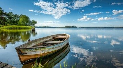 Obraz premium Scenic lake view featuring a row boat and wooden bridge, with calm waters and a beautiful sky