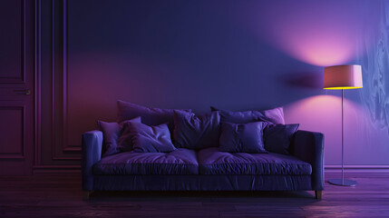 Dark living room with sofa and lamp. Deep dusty purple mauve color
