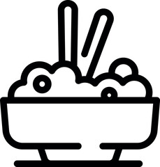 Simple line icon of a bowl overflowing with rice and chopsticks sticking out, perfect for representing asian cuisine