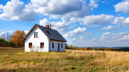 Obraz premium A simple manor house with white walls, wooden windows and an open space under the sky, symbolizing peace and harmony with nature. Perfect for content about rural life and sustainability.