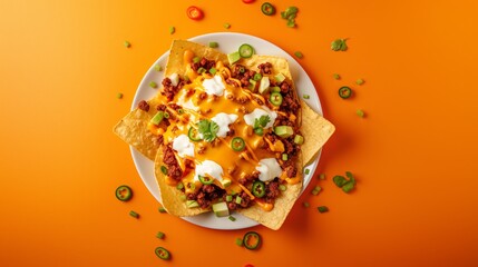 Overhead view of loaded nachos on a white plate against an orange background.