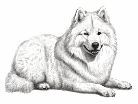 recommend clip art: Black and white Vintage engraved art of a Samoyed isolated on white background, ink sketch illustration, simple vector art design, highly detailed line art, high contrasty 