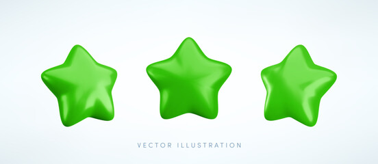 Vector 3d green star icons set. Cute realistic cartoon 3d render, glossy metallic star front and side projection, for customer rating concept, decor, web, game design, app, advert.