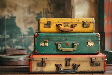 Fototapeta premium Vintage Suitcases Stacked in a Rustic Setting