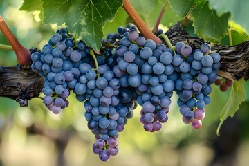Lush Clusters of Ripe Grapes Hanging from Vines in a Vineyard