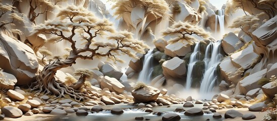3D rendering beautiful landscape waterfall cascading down rocky