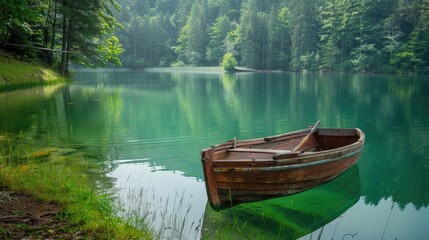 Serene green lake with a wooden rowing boat, perfect for a tranquil and scenic escape