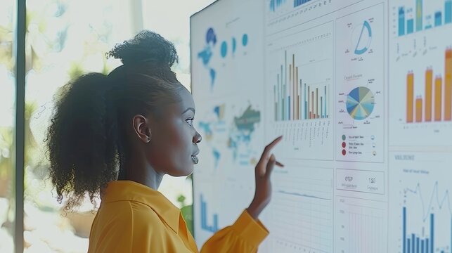 Businesswoman analyzing data on interactive digital screen. Professional charts information