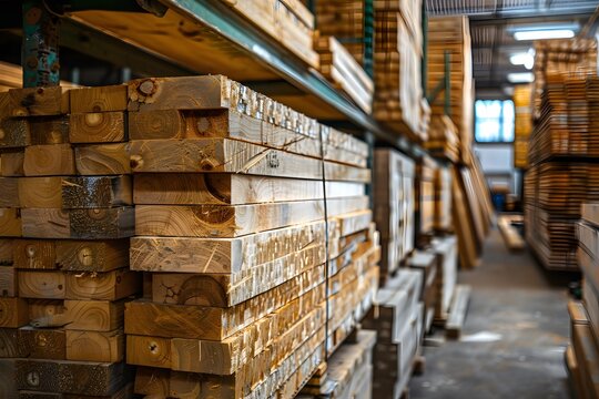 Stacks of Freshly Cut Lumber in a Warehouse