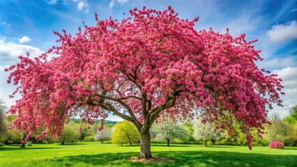 Vibrant crab apple tree flowers in full bloom, spring, pink, blossoms, petals, nature, tree, blooming, garden, seasonal