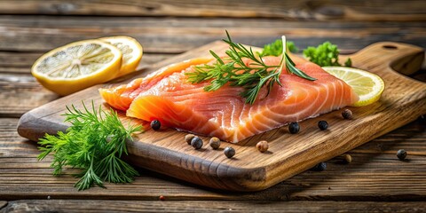 Smoked salmon on a rustic wooden board with dill and lemon, salmon, smoked, food, seafood, gourmet, appetizer, delicious, healthy