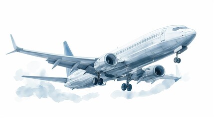 Large passenger jet soaring, isolated on a white background, watercolor style