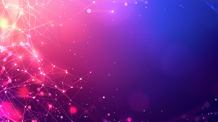 Abstract digital background with glowing pink and blue geometric lines and dots.