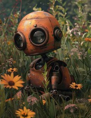 Rusty Robot in a Field of Flowers