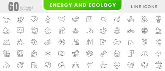 Energy and Ecology icon set. Protection, planet care, natural recycling power, renewable energy, solar cells, environment, Renewable energy, green technology, sustainability, nature, water icon