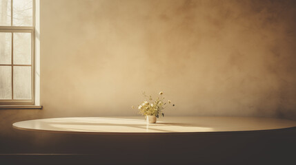 3D interior scene with white vase and flower in beige background and and Sunlight