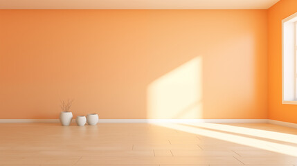 3d interior scene and abstract vase with orange background and sunlight in the minimal style