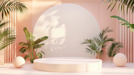 Sleek 3D minimalistic podium on a summer-themed stage, perfect for stylish and elegant product displays