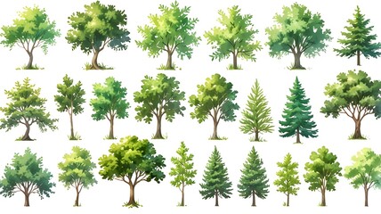 Watercolor wood collection. Hand drawn tree. Forest tree bag. White background. Generative AI.