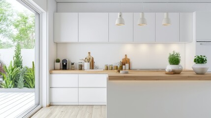 Sleek kitchen with modern white cabinets and light wood countertops, creating a bright and minimalistic home interior