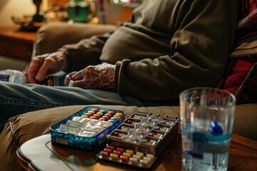 Heart Failure Patient Managing Medication at Home with Pill Organizer and Water Glass