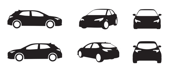Silhouette vector set of icon cars, front view, side view, back view