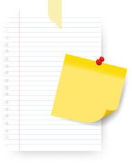 Paper notes, notebook pages, stickers and photo card frame. Paper notes with transparent adhesive tape and paper clip. Vector EPS 10