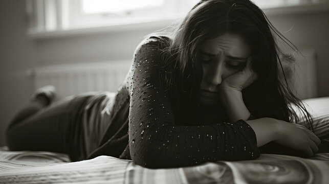 Broken heart unhappy depressed crying woman teenager girl lying on her bed in a gloomy day.