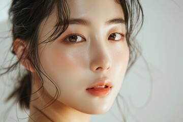 Naklejka premium 5 A chic 20-year-old Korean model with a fresh, dewy skin look, solid background, studio lighting,
