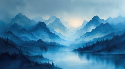 Fototapeta premium Mountains landscape and lake in the morning digital painting Nature background