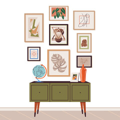 Living room interior. Interior scene in mid-century scandinavian style. Cozy furnished room. Interior design with furniture, framed paintings, decor, and a chest of drawers. Flat vector illustration.