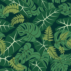 Fototapeta premium Tropical leaves seamless pattern. Exotic plant leaves on a green background. Jungle leaves botanical pattern for packaging, textile, or wallpapers. Flat vector illustration.