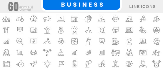 Business line icon set. Business strategy, Business solutions, Action List, research, solution, team, marketing, startup, advertising, business process, management outline icon collection.
